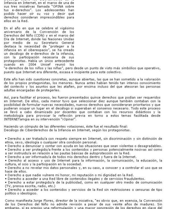 Decálogo de Ciberderechos de la Infancia, según los adolescentes en el contexto de INTERNETamiga [Andalucia24horas.com]