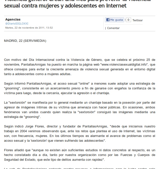 Violencia género. Crean una web para prevenir la violencia sexual contra mujeres y adolescentes en Internet [DiarioSigloXXI.com]