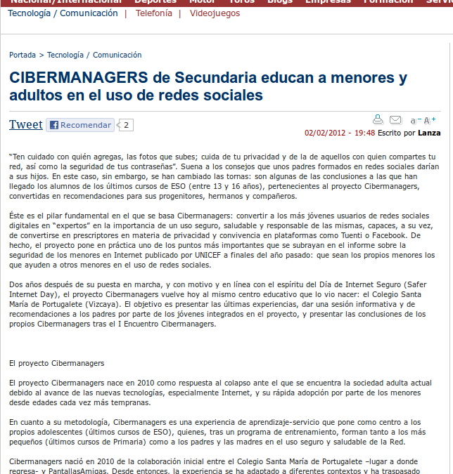 CIBERMANAGERS de Secundaria educan a menores y adultos en el uso de redes sociales [LanzaDigital.com]