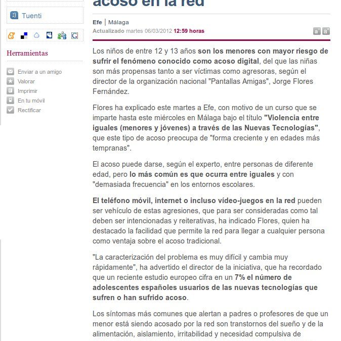 Alertan de que niños de 12 y 13 años corren más riesgo de sufrir acoso en la red [ElMundo.es et al.]