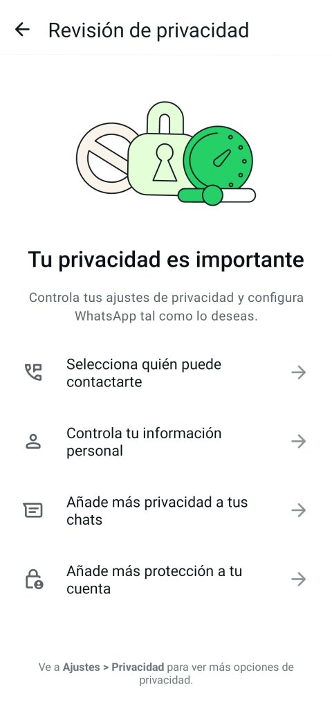 Opción Revisión de Privacidad en WhatsApp